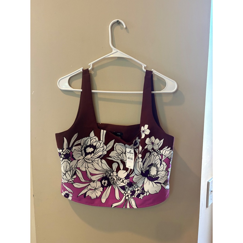 Express Conscious Edit Floral Crop Top Burgundy Purple Square Neck XL 09709477